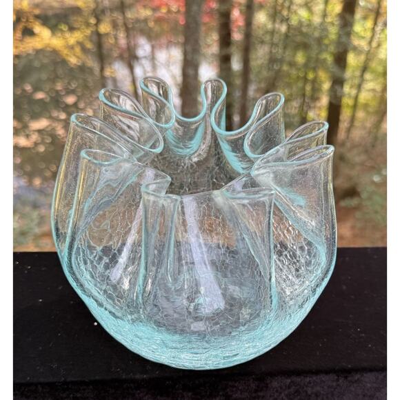Vtg Aqua Color Crackle Glass Ruffled Crimpled Pinched Pleated Ribbon Glass Bowl - Picture 4 of 11